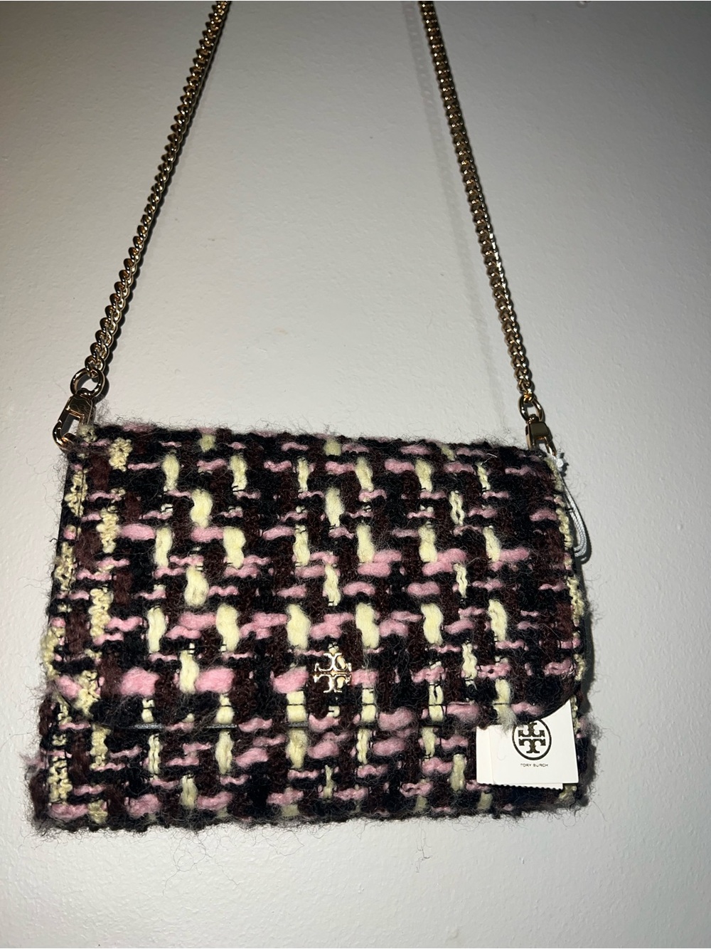 Tory Burch Black, Purple & lime greenTweed Chain Crossbody purse
